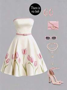 Vestido elegante sin tirantes con estampado floral y ribete de contraste para mujer - Blanco y Negro - Ver 6
