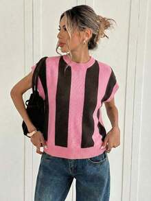Blusa de punto de manga de murciélago con rayas de color contrastante, casual de verano para mujer - Multicolor - Ver 4