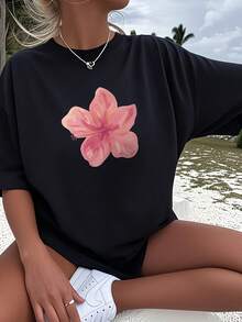 Camiseta de Manga Corta con Cuello Redondo y Estampado Floral Creativo para Mujer - Negro - Ver 2
