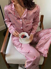 Conjunto de pijama de mujer con rayas y lazo de seda sintética - Burdeos - Ver 6