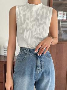 Blusas de tirantes de cuello alto de verano de tela con textura uniforme, casuales pero elegantes - Blanco - Ver 6