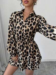 Vestido casual y elegante de manga larga con volantes y estampado de leopardo para mujer - Cafetería - Ver 5