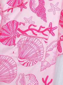 Set de 2 piezas de pijama para mujer con estampado de conchas marinas, top de manga corta con cuello y pantalones cortos de cintura elástica, conjunto de ropa de estar en casa elegante para vacaciones, fiestas y uso casual - Rosa - Ver 5