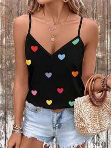 Camiseta sin mangas con escote en V con estampado de corazones en todo el diseño, de estilo minimalista y casual, ajustada para mujer, adecuada para el verano - Blanco - Ver 1