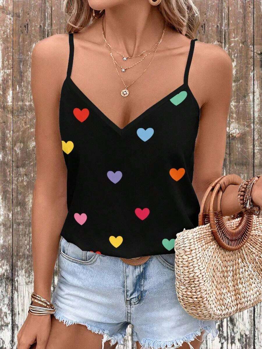 Camiseta sin mangas con escote en V con estampado de corazones en todo el diseño, de estilo minimalista y casual, ajustada para mujer, adecuada para el verano - Blanco - Ver 1