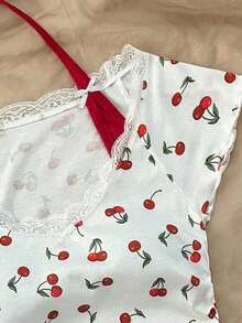 Camisa de verano casual de vuelta al colegio con cuello de encaje vintage estampado de cerezas rojas y blancas, diseño de contrastes y lazo decorativo, estilo ballet, 2 en 1 para mujer - Rojo y blanco - Ver 3