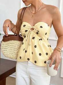 Blusa de verano plisada con lazo frontal a lunares para mujer - Amarillo - Ver 6