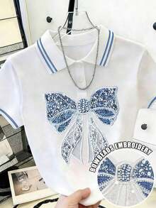 Camiseta casual de manga corta con cuello redondo, estampado de lazo y decoración de perlas para mujer, ajuste estándar - Multicolor 2 - Ver 8