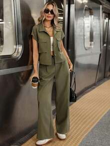 Conjunto casual de 2 piezas de camisa y pantalón de unicolor para mujer, para verano - Verde - Ver 4
