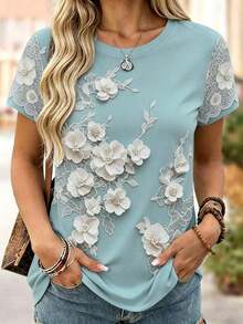 Camiseta de mujer de manga corta con cuello redondo y estampado floral, cómoda y casual para uso diario - Multicolor - Ver 1