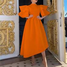 Women's Summer Dress, New Model, Double Ruffle Sleeve, Solid Color, Wide Full Skirt - 橘色 - 查看 17