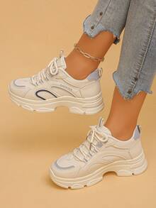 Women's Platform Sneakers With Geometric Pattern, Preppy College Style Casual Sporty Geometric Design, Suitable For Spring And Autumn - Beige - View 2