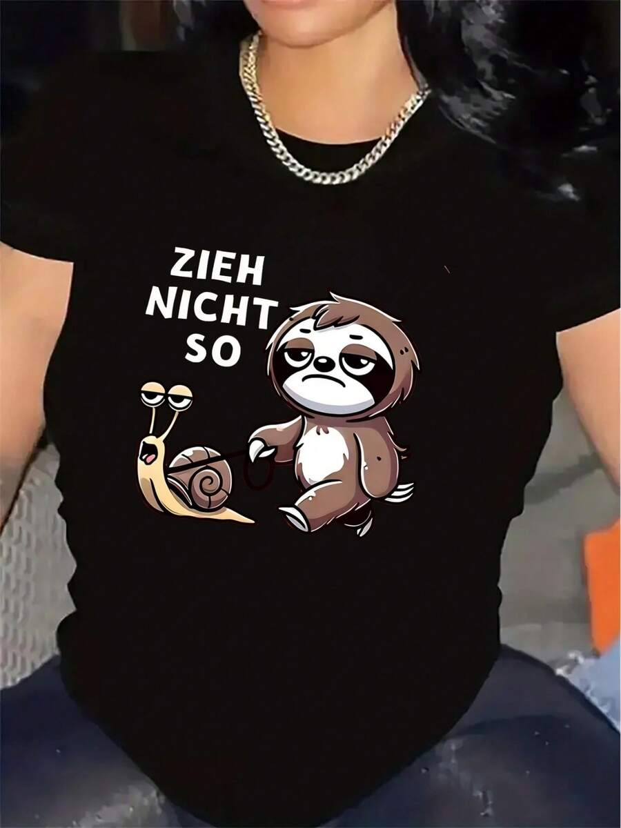Camiseta de manga corta para mujer | Material de fibra, ropa casual, con divertidos diseños de perezosos y caracoles, ligera y duradera, perfecta para uso en casa, oficina o restaurante, camiseta cómoda para el día a día, disponible en una variedad de colores. - Negro - Ver 1