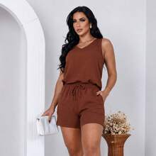 Women's Set: Loose-Fitting Tank Top With Wide Straps + Shorts. Elegant, Casual, Conservative/Modest Luxury Women's Set. Fabric: None. Suitable For: Formal Office And Evening, Photoshoot, Night, Wedding. - 摩卡棕 - 查看 6