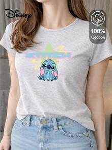Women's T-Shirt Made Of 100% High-Quality Cotton, This T-Shirt Guarantees Exceptional Softness To The Touch, Round Neck With "Disney Stitch Star Retro" Print And Short Sleeves - 淺灰色 - 查看 1
