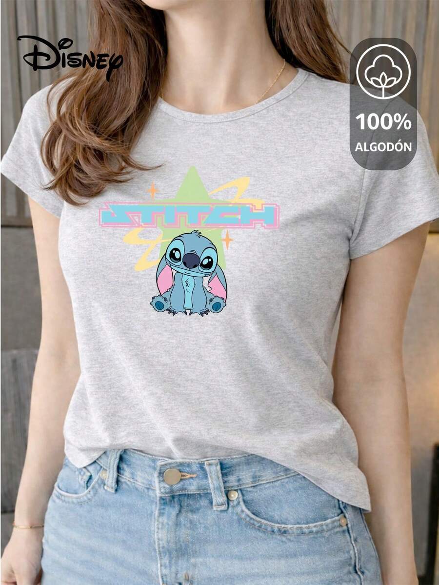 Women's T-Shirt Made Of 100% High-Quality Cotton, This T-Shirt Guarantees Exceptional Softness To The Touch, Round Neck With "Disney Stitch Star Retro" Print And Short Sleeves - 淺灰色 - 查看 1