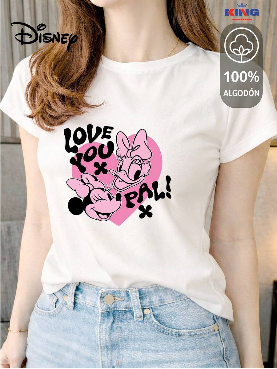 Women's T-Shirt Made Of 100% High-Quality Cotton. This T-Shirt Guarantees Exceptional Softness To The Touch, With A Round Neck, "Disney Minnie & Daisy Love You Pal" Print, And Short Sleeves. - 白東黑 - 查看 1