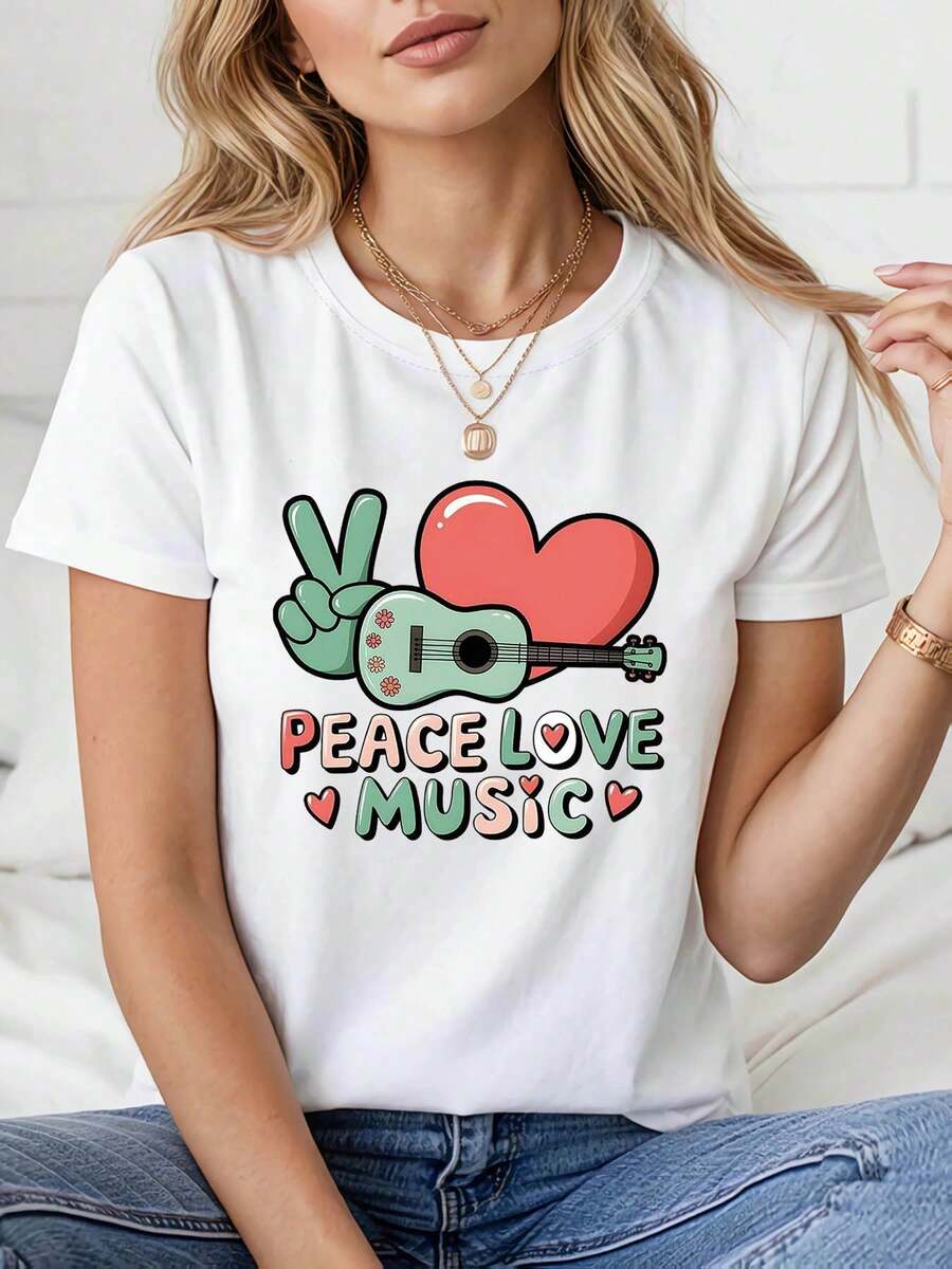 Women's "PEA LOVE MUSIC" T-Shirt With A Peace, Love And Music Theme, Decorated With Musical Instruments And Heart Phrases, Casual Short Sleeve, Colorful And Vibrant, Suitable For Everyday Use By Music Lovers. - 白色 - 查看 1