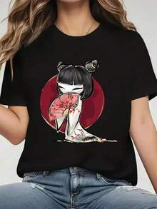 100% Algodón Premium 180g .¡Oferta Especial!Playera.Tshirt única con diseño Y2K de chica japonesa sosteniendo abanico en colores vibrantes y moderno estilo artístico ideal para amantes de la cultura pop y la moda contemporánea porque destaca en cualquier ocasión y añade un toque especial a tu guardarropa.Camiseta Streetwear Unisex Ideal para Conciertos y Regalo - Negro - Ver 6