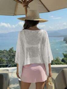 Elegante top de mujer de primavera/verano, de punto rosa, con cuello redondo, sólido, semitransparente, con capucha y detalles de lentejuelas calados, para uso casual, vacaciones y playa - Blanco - Ver 2