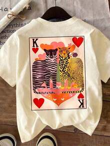 Camiseta de manga corta de talla grande con cuello redondo y estampado de cartas de rey y reina de corazones, tela de alta elasticidad, casual de verano, 100% algodón. - Albaricoque - Ver 4