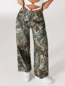 Jeans de mezclilla con estampado de leopardo vintage informal - Verde militar - Ver 7