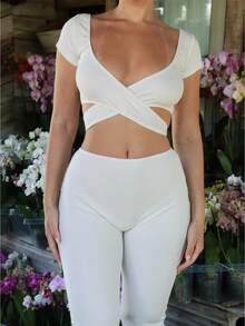 Women's Rib Knit Blouse, Adjustable Tie, Short Sleeve Square Neck And V-Neck Cropped Top For Yoga And Leisure - White - View 1