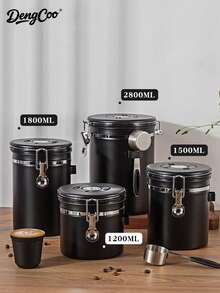 Dengcoo 1個 1.2L/1.5L/1.8L 咖啡密封罐，不鏽鋼氣密食品儲存容器，附日期追蹤器與量勺，適用於咖啡粉、咖啡豆、茶葉、糖、麵粉、穀物 - 黑色 - 查看 1