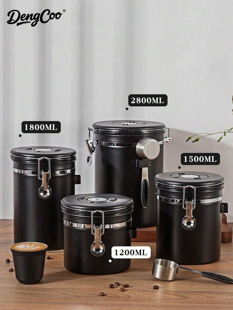 Dengcoo 1個 1.2L/1.5L/1.8L 咖啡密封罐,不鏽鋼氣密食品儲存容器,附日期追蹤器與量勺,適用於咖啡粉、咖啡豆、茶葉、糖、麵粉、穀物 - 黑色 - 查看 1