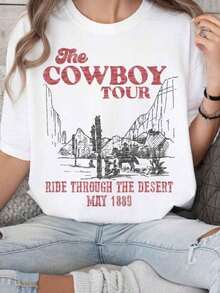 Women's T-Shirts, Plus Size Women's Clothing, Western Print, "The Cowboy Tour" Desert Rodeo Design, Vintage Style, 100% Cotton Short Sleeve Casual T-Shirt For Curvy Women, Graphic T-Shirts For Women, Tops, Summer Sets, Blouses For Women. - 白色 - 查看 1