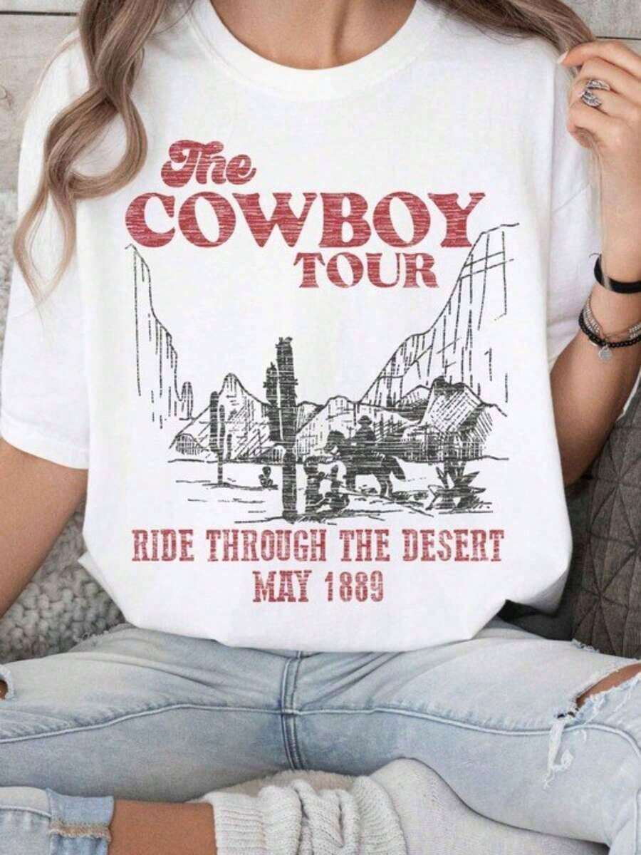 Women's T-Shirts, Plus Size Women's Clothing, Western Print, "The Cowboy Tour" Desert Rodeo Design, Vintage Style, 100% Cotton Short Sleeve Casual T-Shirt For Curvy Women, Graphic T-Shirts For Women, Tops, Summer Sets, Blouses For Women. - 白色 - 查看 1