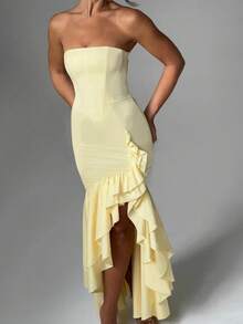 Sleeveless Knit Maxi Dress With Ruffles, Elegant And Sensual Bustier Spring Summer Fashion - Yellow - View 2