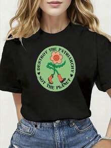 Premium Quality Women's Long-Sleeved White T-Shirt With A Blonde Wavy Print, Decorated With Green Circular Patterns (Pink  Faces, Flowers, Green Stems, Red Boots) And The Words "Destroy The " And "Not Earth," Paired With A Set Of Blue Jeans – A Stylish And Casual Printed T-Shirt For Women. . - 黑色 - 查看 7