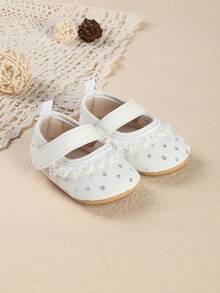 1 par de zapatos planos de princesa con encaje de unicolor, lindos y antideslizantes, para recién nacidos e infantes, adecuados para primavera y otoño - Blanco - Ver 2