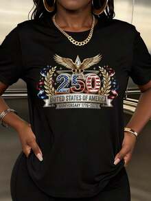 Women's Casual Short Sleeve T-Shirt, Patriotic Design With Eagle And Stars For Independence Day Celebration, 250th Anniversary Of The United States Of America 1776-2026, Women's T-Shirts - 黑色 - 查看 1