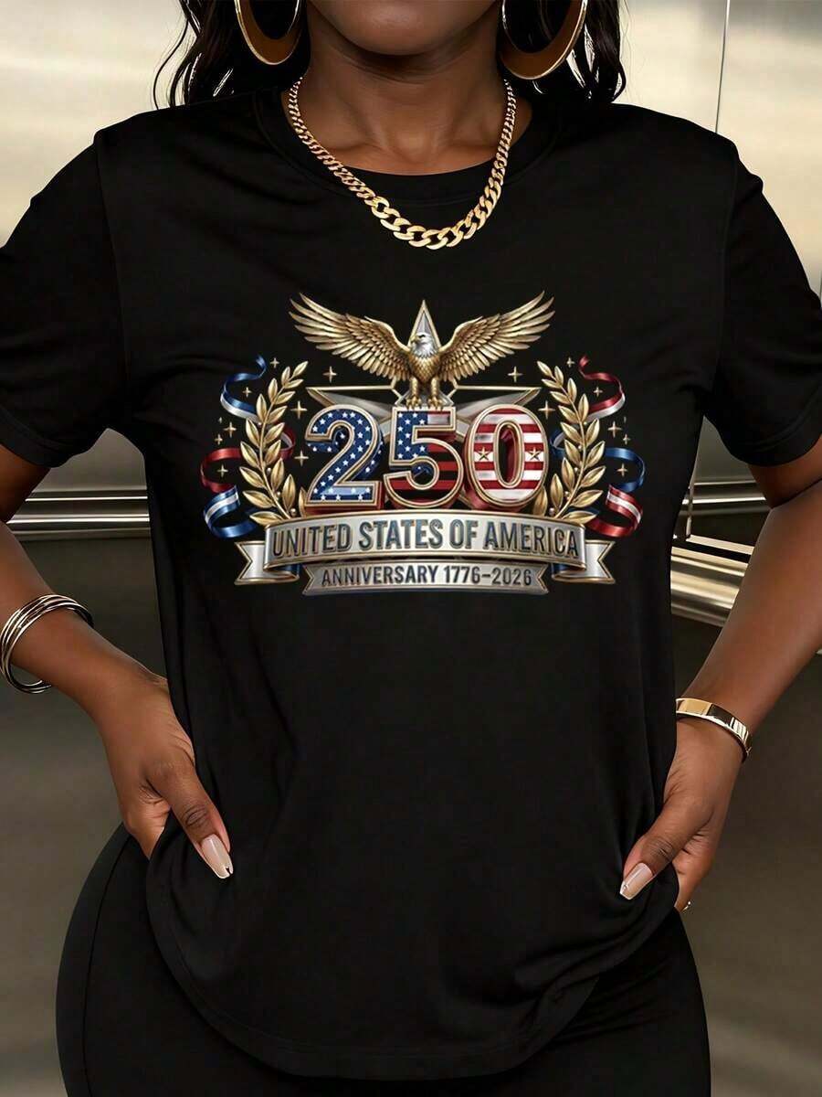 Women's Casual Short Sleeve T-Shirt, Patriotic Design With Eagle And Stars For Independence Day Celebration, 250th Anniversary Of The United States Of America 1776-2026, Women's T-Shirts - 黑色 - 查看 1