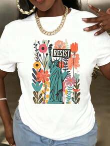 Women's T-Shirt With Statue Of Liberty Floral Print, Casual Fashion For Holidays, Round Neck, Short Sleeve, Soft And Comfortable, Pure Cotton Fabric For Daily Wear, Parties And Outings. - 白色 - 查看 1