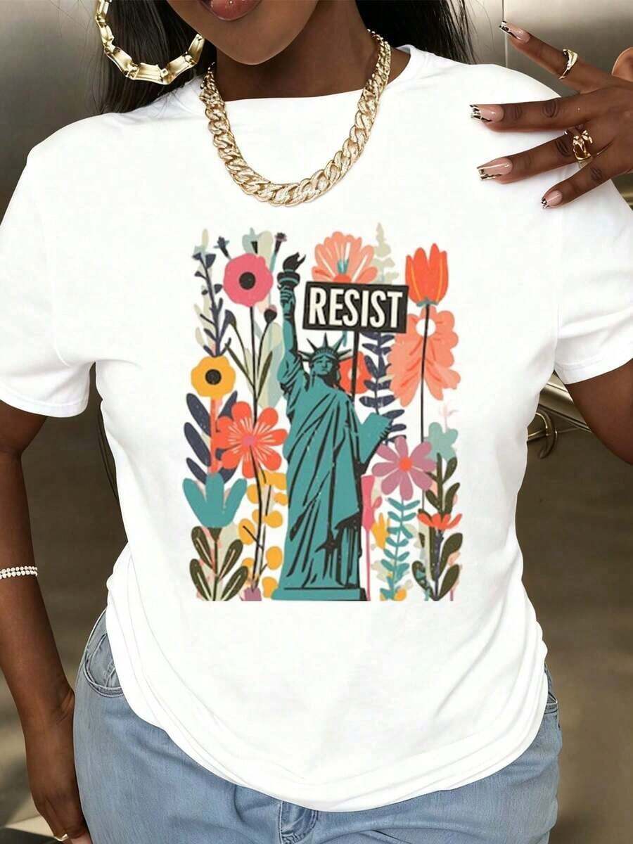 Women's T-Shirt With Statue Of Liberty Floral Print, Casual Fashion For Holidays, Round Neck, Short Sleeve, Soft And Comfortable, Pure Cotton Fabric For Daily Wear, Parties And Outings. - 白色 - 查看 1