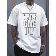 100% Cotton Men's Casual Cotton T-Shirt With The Words "Never Give Up" Printed - Crew Neck, Slight Stretch, Knit Fabric, Regular Fit, Summer Short Sleeve T-Shirt Suitable For Adults, Plus Size Option Reg 6Z2I OIE0 - 黑色 - 查看 2