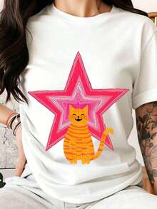 Camiseta Blanca con Diseño de Gato Lindo y Estrella Rosa para Mujer, Ropa Casual de Verano, Divertida Camiseta con Gráfico de Animal, Regalo para Amantes de los Gatos, 100% Algodón Puro, Camiseta para Mujer - Blanco - Ver 7