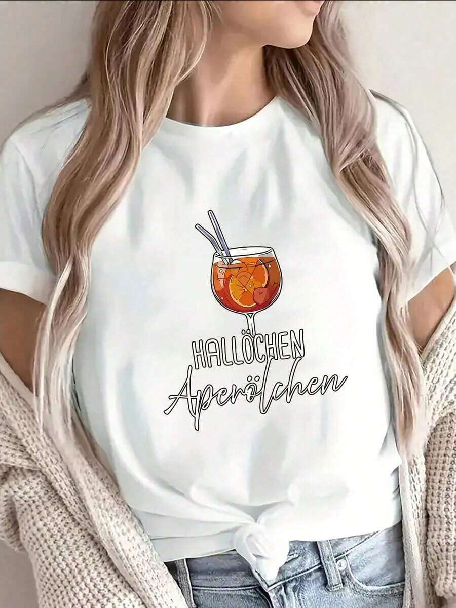 Modern MinimalistAperol Spritz Cocktail Print T-Shirt - Black Sleeve Italian Liqueur Logo Design, Lightweight, For Bar Parties, Aperol Spritz Themed Events & Casual Lounge Wear (Machine Washable)casual everyday - Blanco - Ver 1