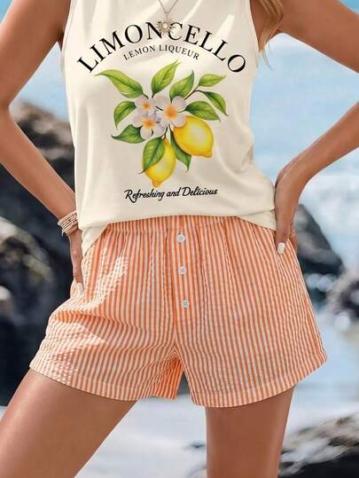 Women's Summer Orange & White Vertical Striped Front Button Decoration, Elastic Waist A-Line Loose Shorts, Vacation Retro Collegiate Relaxed French Style, Suitable For Beach, Home, Cafe, Picnic, Short Trip