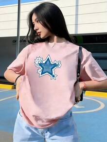 Blue Star T-Shirt With Printed Text, Fashionable Short-Sleeved T-Shirt For Spring And Summer 2026, Made In Mexico, 180 Grams. Cartoon Print, Couple Design, Suitable For Indoor Or Outdoor Wear. Crew Neck, Unisex, Ideal For Office And Leisure. One-Pack. - PK-P631577SLNDXZGY643 - 查看 4