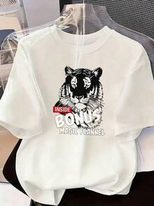 Black And White Tiger Head T-Shirt With "BONUS" Text.  Short-Sleeved T-Shirt For Spring And Summer 2026, Made In Mexico, 180 Grams. Cartoon Print, Couple Design, Suitable For Indoor Or Outdoor Wear. Crew Neck, Unisex, Ideal For Office And Leisure. One-Pack. - WH-P631577SLNDXZGY647 - 查看 3