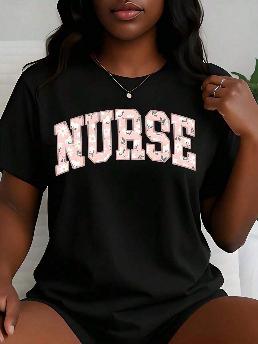 Women's Casual Style T-Shirt With Floral Nurse Print, Summer Clothes, Gift For Nurses, International Nurses Day Celebration In May, Perfect Gift For Nurses, Women's Clothing To Pay Tribute To The Most Beautiful Angels In White. - 黑色 - 查看 1