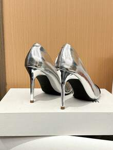 Xin Jing Shoes 女士时尚尖头拼接高跟鞋,适合日常通勤 - 銀色 - 查看 12