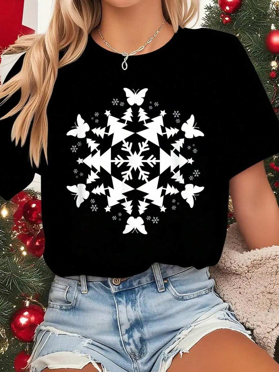 Camiseta Deportiva Casual para Mujer con Patrón de Copos de Nieve - Camiseta Negra Elástica de Cuello Redondo, Lavable aáquina, Ajuste Cómodo para Todas las Estaciones, para un Look Informal y Elegante. - Negro - Ver 1