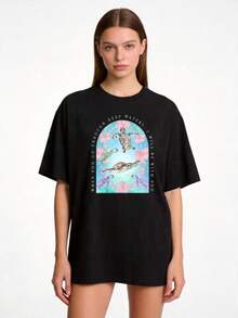 Premium Women's Casual Summer T-Shirt, Sizes S-2XL, Short Sleeve, Pure White With Turtle And Flower Design, Suitable For Family And Couple Outfits, Perfect For Beach Days And Warm Weather, An Ideal Gift For Mother's Day Or For Family And Best Friends. . - 黑色 - 查看 8