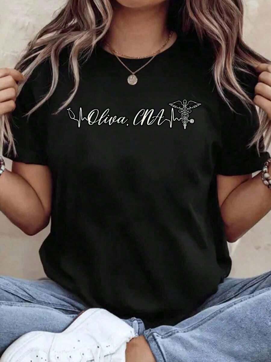 Personalized Cna Shirt With Name And Medical Symbol For Healthcare Professionals Nursing Care Assistant Gift Workwear Uniform Top,220g-Vintage Street Style Unisex Loose Cotton Short Sleeve Crew Neck T-Shirt100%Cotton - 黑色 - 查看 1