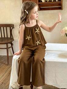 Bộ đồ 2 món cho bé gái 4-7 tuổi, áo hai dây đính sequin hình sao biển + quần ống rộng, phong cách Bohemian, thích hợp cho kỳ nghỉ hè, đi biển, mặc thường ngày. - Cà phê nâu - Xem 2